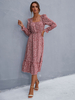 Robe Longue Imprimé Femme à Col Carré avec Manches Longues Amples Coupe Cintrée Bicolores