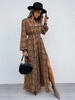 Robe Longue Imprimé Femme à Col Décolleté en V à Lacets avec Manches Longues Amples avec Fente Bicolores Robe Femme