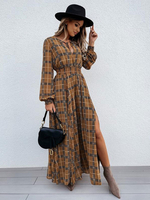 Robe Longue Imprimé Femme à Col Décolleté en V à Lacets avec Manches Longues Amples avec Fente Bicolores Robe Femme
