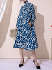 Robe Longue Imprimé Femme à Col Montant avec Manches Longues Amples Bas Evasée avec Poches Bicolores Robe Maxi
