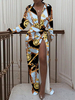 Robe Longue Imprimé Femme à Col Revers avec Manches Longues Coupe Cintrée avec Fente Robe Chemise Sexy