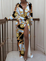 Robe Longue Imprimé Femme à Col Revers avec Manches Longues Coupe Cintrée avec Fente Robe Chemise Sexy