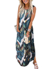 Robe Longue Imprimé Femme à Col Rond avec Bretelles sans Manches avec Poches Bicolores Robe Eté Robe de Plage Sexy