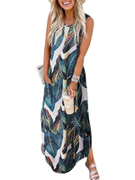 Robe Longue Imprimé Femme à Col Rond avec Bretelles sans Manches avec Poches Bicolores Robe Eté Robe de Plage Sexy