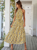 Robe Longue Imprimé Femme à Col Rond avec Epaule Dénudée Coupe Cintrée à Lacets Bas Evasée Robe Maxi
