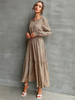 Robe Longue Imprimé Femme à Col Rond avec Manches Longues Amples Coupe Cintrée Bicolores