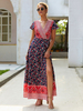 Robe Longue Imprimé Femme à Col V avec Manches Courtes Coupe Cintrée avec Fente Robe Maxi