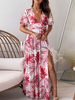 Robe Longue Imprimé Femme à Col V avec Manches Courtes Volantes Coupe Cintrée avec Fente Robe Maxi