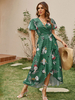 Robe Longue Imprimé Femme à Col V avec Manches Courtes Volantes Coupe Cintrée avec Fente Robe Maxi