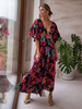 Robe Longue Imprimé Femme à Col V avec Manches Courtes Volantes Coupe Cintrée Bas Evasée Robe Maxi