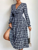 Robe Longue Imprimé Femme à Col V avec Manches Longues Coupe Cintrée Bas Evasée Bicolores Robe Femme