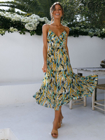 Robe Longue Imprimé Femme avec Bretelle à Col V Coupe Cintrée Bas Evasée
