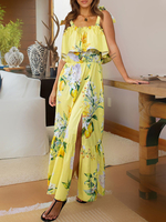 Robe Longue Imprimé Femme avec Bretelles à Col Carré avec Volants Coupe Cintrée avec Fente Robe Maxi