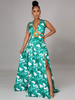 Robe Longue Imprimé Femme avec Bretelles à Col Décolleté en V Coupe Cintrée avec Fente Bicolores Robe Eté Robe Maxi