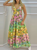 Robe Longue Imprimé Femme avec Bretelles à Col Décolleté en V Coupe Cintrée Bas Evasée Multicolores Robe de Plage Robe Eté Robe Maxi