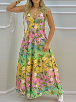 Robe Longue Imprimé Femme avec Bretelles à Col Décolleté en V Coupe Cintrée Bas Evasée Multicolores Robe de Plage Robe Eté Robe Maxi