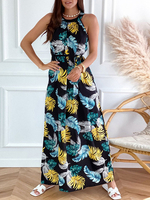 Robe Longue Imprimé Femme avec Bretelles à Col Rond avec Epaule Dénudée Coupe Cintrée Bas Evasée Robe Maxi