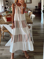 Robe Longue Imprimé Femme avec Bretelles à Col Rond Bas Evasée Bicolores Robe Maxi Robe Eté