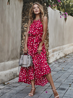 Robe Longue Imprimé Femme avec Bretelles à Col Rond Coupe Cintrée à Lacets Bas Evasée