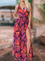 Robe Longue Imprimé Femme avec Bretelles à Col V Coupe Cintrée avec Fente Robe Maxi