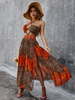 Robe Longue Imprimé Femme avec Bretelles avec Epaule Dénudée Coupe Cintrée avec Fente Bicolores Robe Maxi