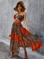 Robe Longue Imprimé Femme avec Bretelles avec Epaule Dénudée Coupe Cintrée avec Fente Bicolores Robe Maxi