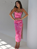 Robe Longue Imprimé Femme avec Fente avec Bretelles à Col Décolleté Coupe Cintrée Bicolores