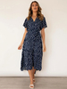 Robe Longue Imprimé Femme avec Manches Courtes Volantes Coupe Cintrée Bas Evasée