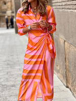 Robe Longue Imprimé Femme avec Manches Longues à Col Revers Coupe Cintrée Bicolores
