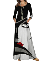 Robe Longue Imprimé Femme avec Manches Longues à Col Rond avec Poches Robe Maxi