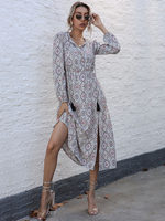 Robe Longue Imprimé Femme avec Manches Longues Amples à Col Revers avec Fente Bicolores Robe de Patineuse Robe Maxi