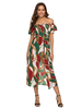 Robe Longue Imprimé Femme en Mousseline avec Manches Courtes Amples avec Epaule Dénudée Coupe Cintrée avec Fente Tricolores Robe de Plage Robe Eté Sexy