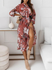 Robe Longue Imprimé Femme Longue à Col V à Lacets avec Manches Longues Coupe Cintrée Bas Evasée Bicolores