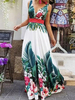 Robe Longue Imprimé Femme Sexy avec Bretelles à Col Décolleté en V Coupe Cintrée Bas Evasée Bicolores Robe Maxi Robe de Plage