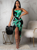 Robe Longue Imprimé Feuille Femme avec Bretelles à Col Carré Coupe Cintrée avec Fente Bicolores Robe Eté Sexy