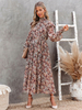 Robe Longue Imprimé Fleurie à Col Montant avec Manches Longues Amples Coupe Cintrée Bas Evasée Robe Femme