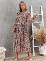 Robe Longue Imprimé Fleurie à Col Montant avec Manches Longues Amples Coupe Cintrée Bas Evasée Robe Femme