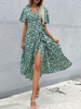 Robe Longue Imprimé Fleurie à Col V avec Manches Courtes Coupe Cintrée à Lacets avec Fente Bicolores