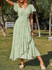 Robe Longue Imprimé Fleurie à Col V avec Manches Courtes Coupe Cintrée avec Volants Robe Femme