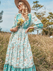 Robe Longue Imprimé Fleurie à Col V avec Manches Longues Coupe Cintrée Bas Evasée Robe Maxi