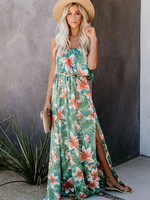 Robe Longue Imprimé Fleurie avec Bretelles à Col Rond Coupe Cintrée Elastique avec Fente Bicolores Robe de Plage Robe Maxi