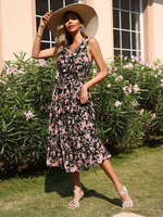 Robe Longue Imprimé Fleurie avec Bretelles à Col V Coupe Cintrée Bas Evasée Robe Maxi