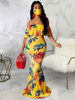 Robe Longue Imprimé Fleurie avec Masque Femme Sexy à Col Décolleté avec Manches Courtes Coupe Cintrée Robe de Sirène Bicolores Robe Longue Sexy