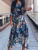 Robe Longue Imprimé Fleurie en Mousseline à Col V avec Manches Mi-longues Amples Coupe Cintrée Bas Evasée Multicolores Robe Eté Robe de Plage