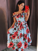 Robe Longue Imprimé Fleurie en Mousselines avec Bretelles avec Epaule Dénudée Coupe Cintrée Bas Evasée Bicolores Robe de Plage Robe Eté