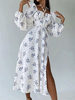 Robe Longue Imprimé Fleurie Femme à Col Carré avec Manches Longues Amples Coupe Cintrée avec Fente