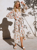 Robe Longue Imprimé Fleurie Femme à Col Rond avec Manches Longues Coupe Cintrée à Lacets Robe Femme