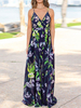 Robe Longue Imprimé Fleurie Femme à Col V avec Bretelles Coupe Cintrée Bas Evasée Robe Maxi