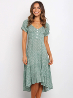 Robe Longue Imprimé Fleurie Femme à Col V avec Manches Courtes Amples avec Boutons Bas Evasée Bicolores Robe de Plage Robe Eté