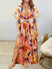 Robe Longue Imprimé Fleurie Femme à Col V avec Manches Courtes Volantes Coupe Cintrée avec Fente Robe Maxi